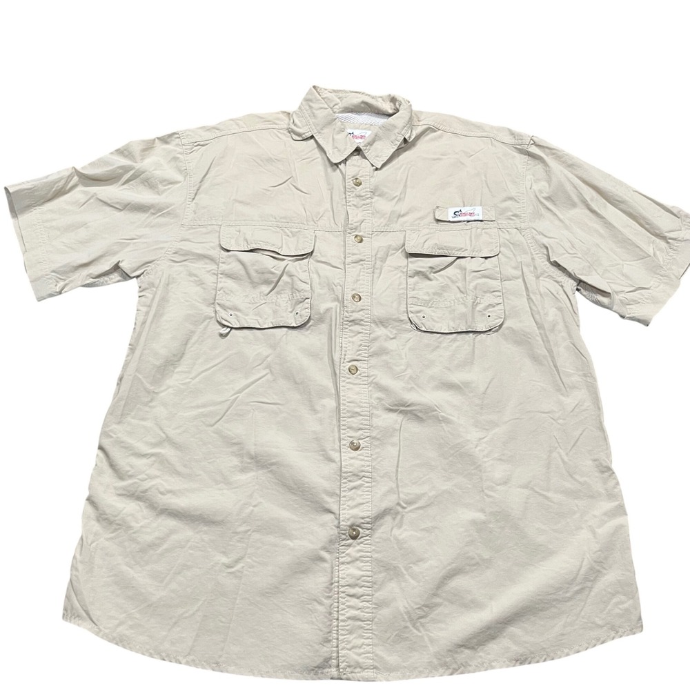 World Wide Sportsman Mens XL Fishing Shirt Khaki Short Sleeve Vented Nylon PFG